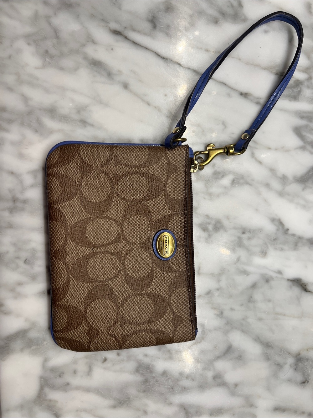 Coach Brown Signature Canvas Wristlet with Blue Trim